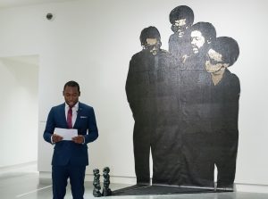 African American Read-In: Richmond Mayor Levar Stoney recites “Wise I” by Amiri Baraka in front of Sanford Biggers’s artwork Overstood 