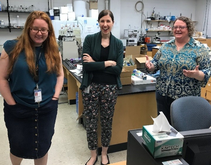 VMFA conservators Kate Gabrielli and Ainslie Harrison, and Dr.Kristina Nelson, Director, VCU Mass Spectrometry Facility 